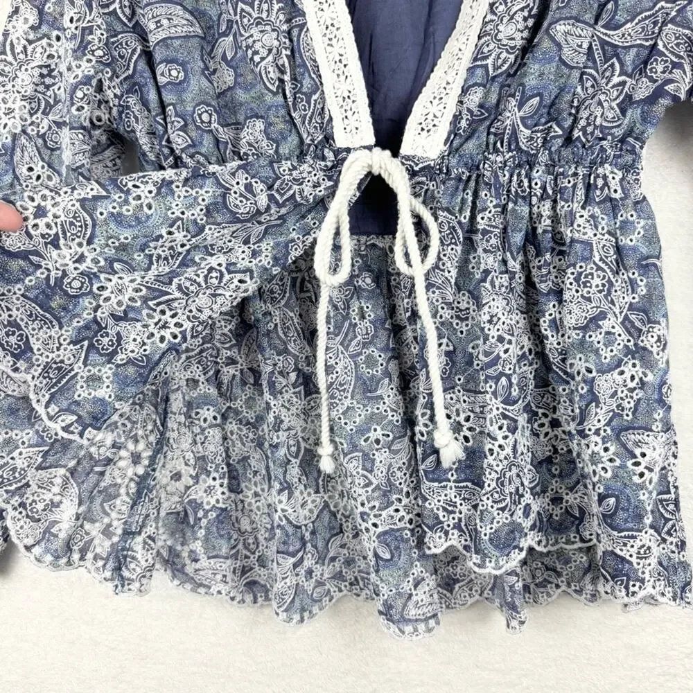 Free People Anissa Bed Jacket Eyelet Lace Tie Front Blue Combo Size S Beach Boho